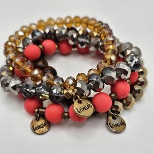 Erimish Stacking Stretch Pink Silver Bronze Rhinestone Beaded Bracelets Set of 4